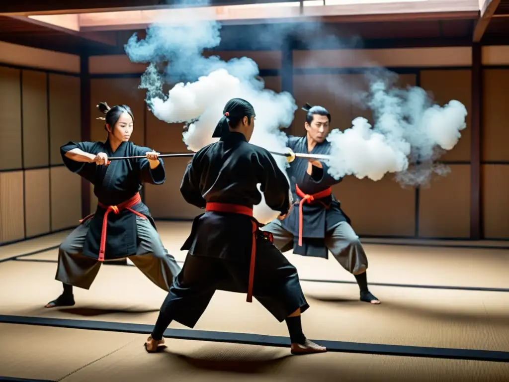 Practicantes de ninjutsu en un dojo moderno, realizando técnicas de sigilo y combate