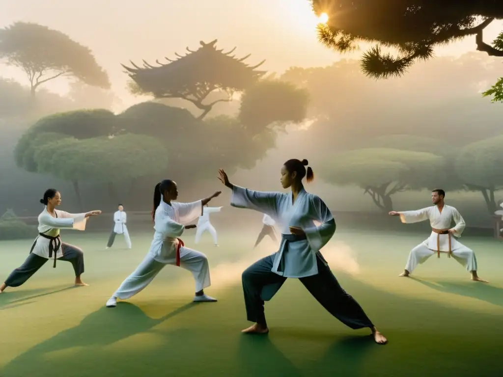 Practicantes de tai chi en un jardín neblinoso al amanecer, fusionando la filosofía oriental en diseño contemporáneo