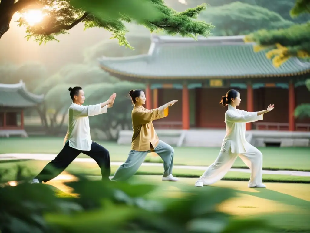 Practicantes de Tai Chi en un parque al amanecer, transmitiendo armonía y equilibrio