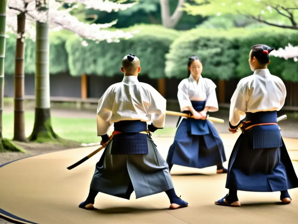 Practicantes de kendo ejecutan precisos movimientos en un dojo al aire libre, rodeados de naturaleza exuberante y árboles de cerezo en flor