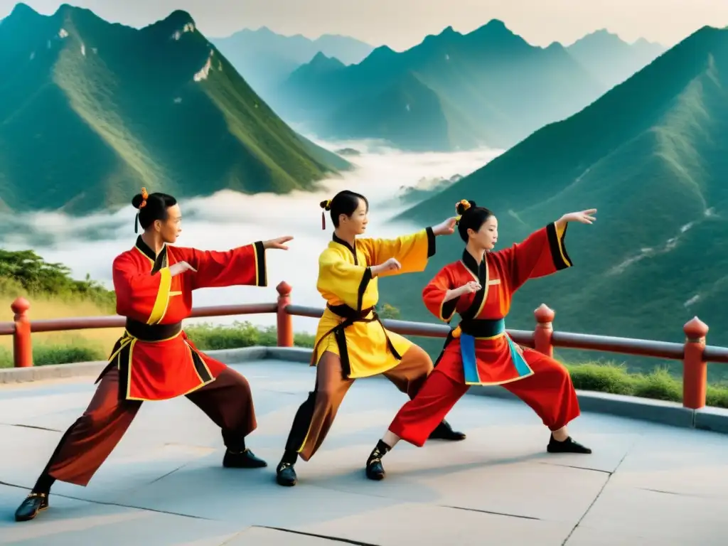 Practicantes de Wushu realizan rutina sincronizada en vestimenta tradicional china, ante majestuoso paisaje de montaña