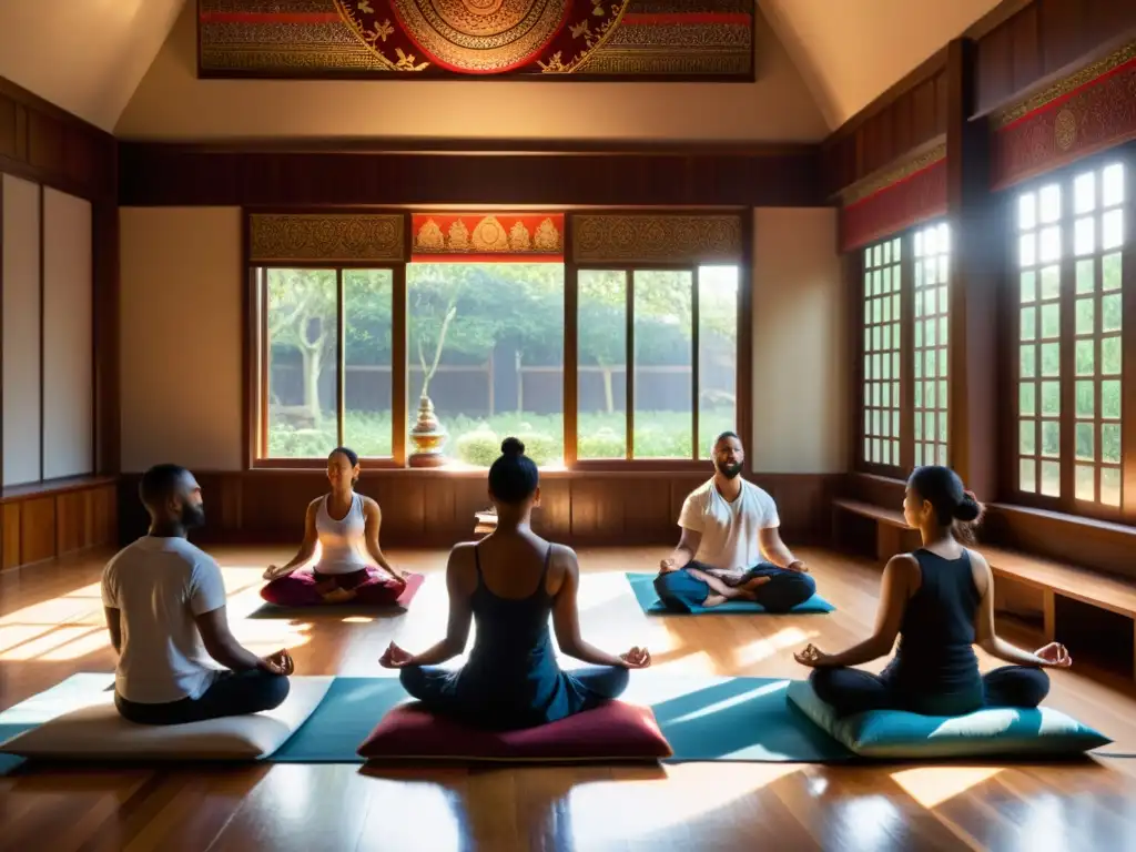 Practicantes en sala de meditación iluminada por la luz solar, con técnica milenaria meditación Vipassana