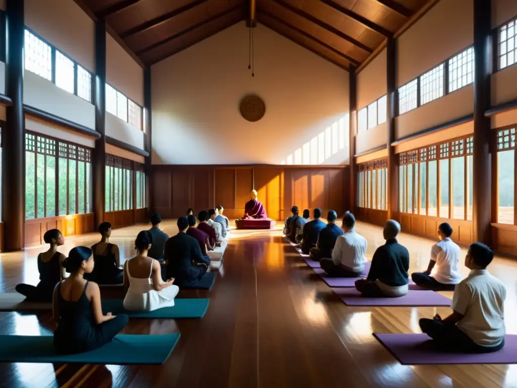 Practicantes meditando en un salón iluminado por luz tenue, con una estatua dorada de Buda en el centro