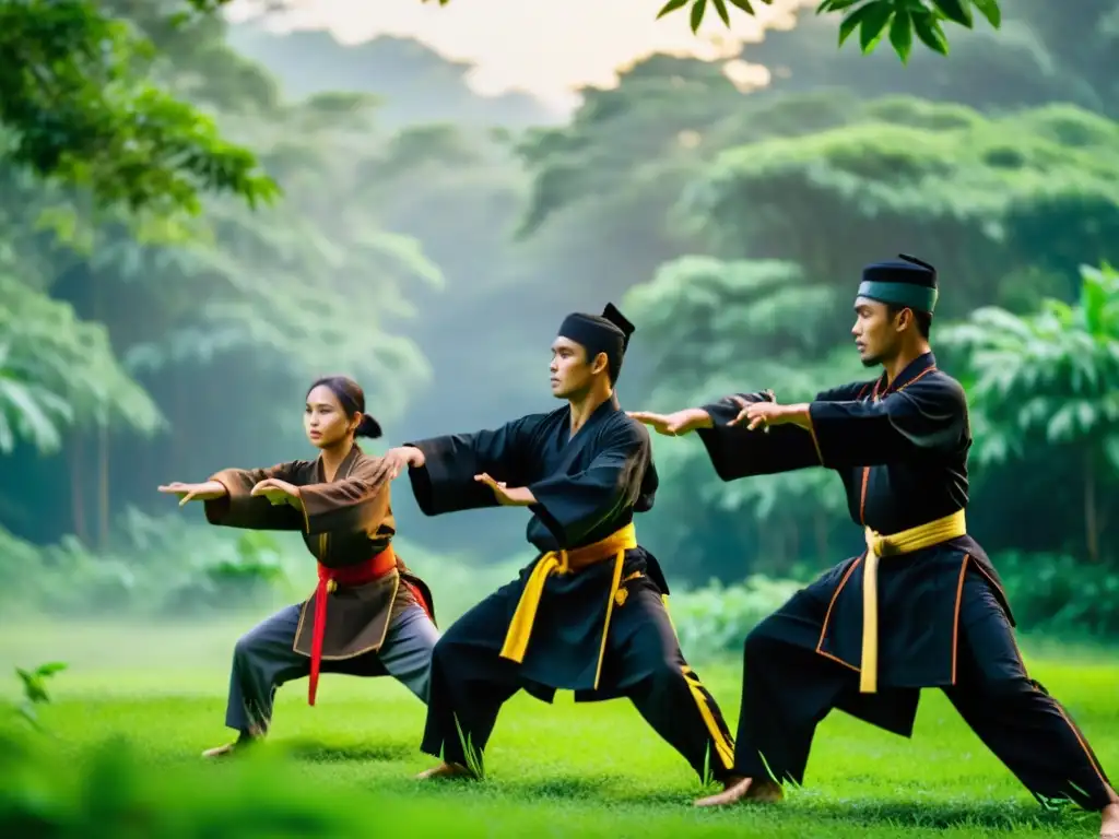 Practicantes de Pencak Silat en la selva realizando movimientos precisos y potentes al amanecer