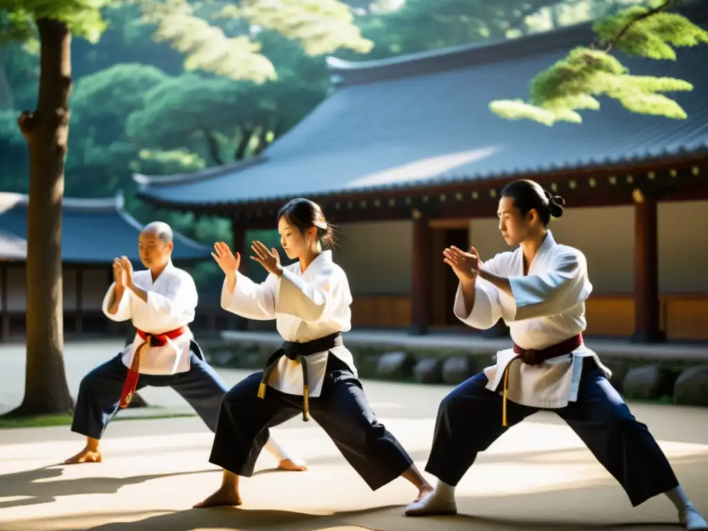 Practicantes de Shorinji Kempo entrenando en un hermoso templo, transmitiendo la esencia de la filosofía Zen y la armonía en su práctica marcial