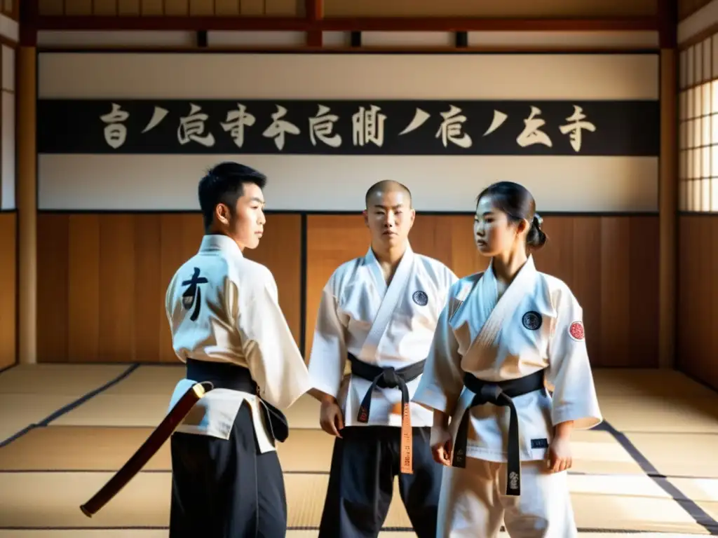 Practicantes de Shorinji Kempo ejecutan movimientos precisos en un dojo soleado, reflejando la filosofía Zen y la armonía del arte marcial japonés