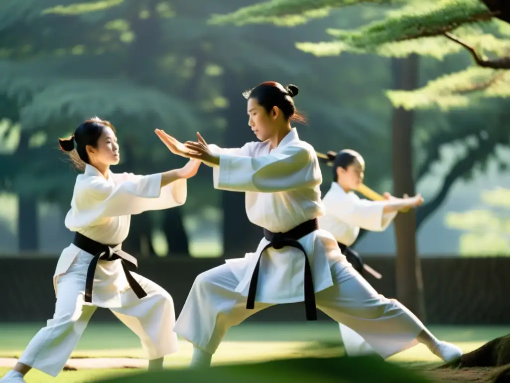 Practicantes de Shorinji Kempo realizan movimientos precisos en un entorno sereno, en armonía con la Filosofía Zen