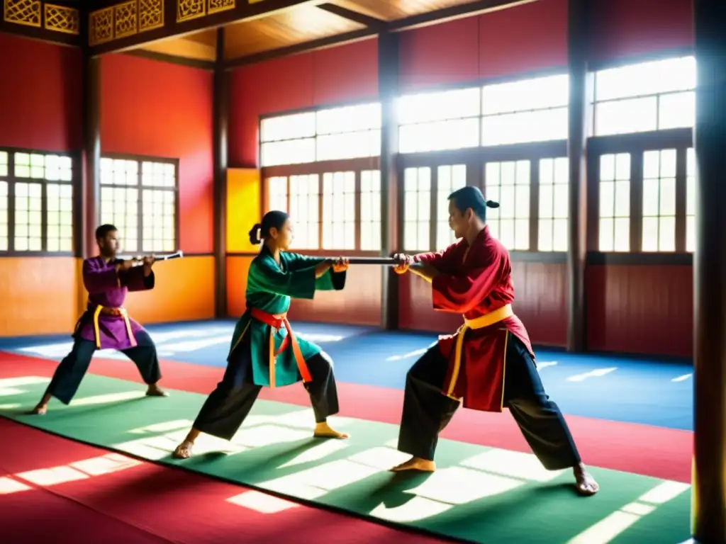 Practicantes de Pencak Silat en un salón tradicional, con uniformes coloridos y armas relucientes, reflejando fuerza y tradición en Estrategias Pencak Silat Expansión Global