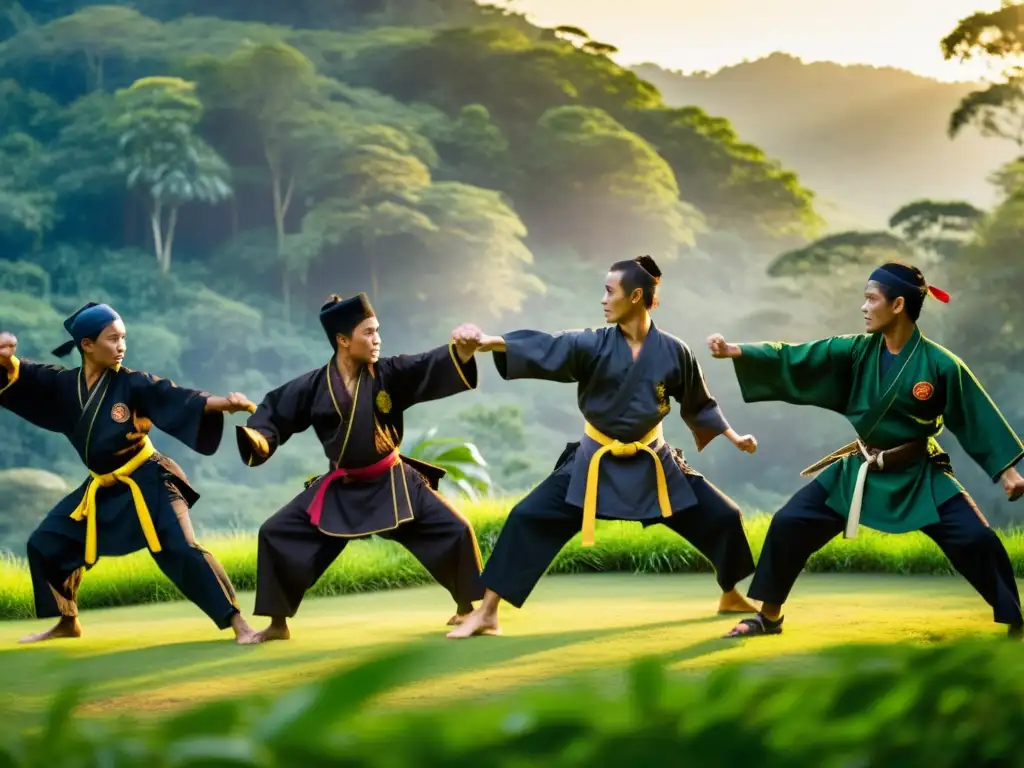 Practicantes de silat en trajes tradicionales realizan movimientos poderosos en un claro del bosque