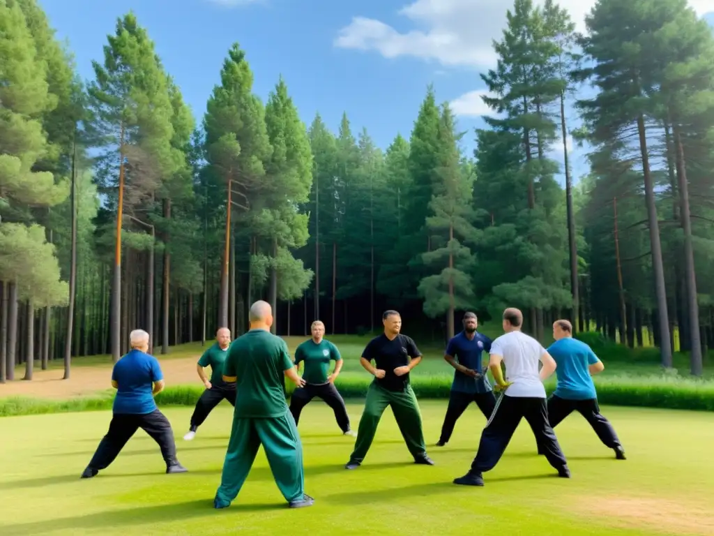 Practicantes de Systema entrenando al aire libre, mostrando la armonía con la naturaleza y los beneficios del Systema en artes marciales