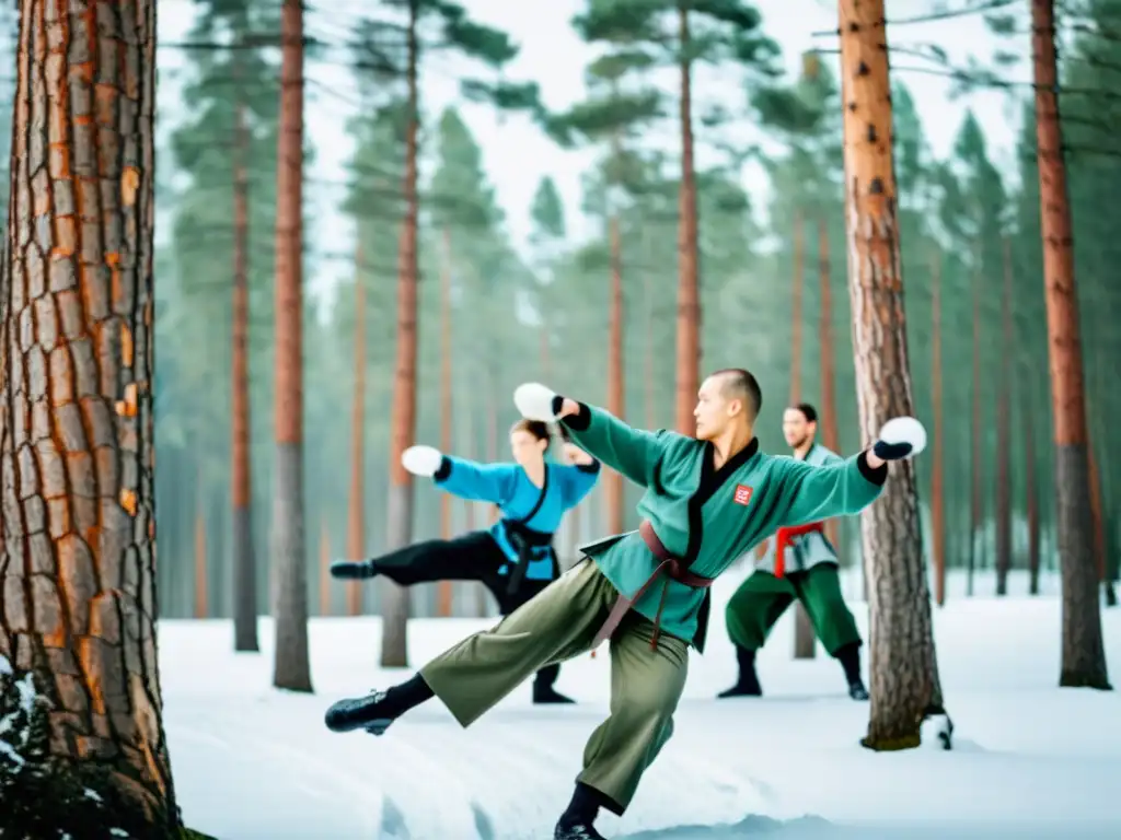 Practicantes de Systema entrenando en un bosque nevado, demostrando flexibilidad y concentración