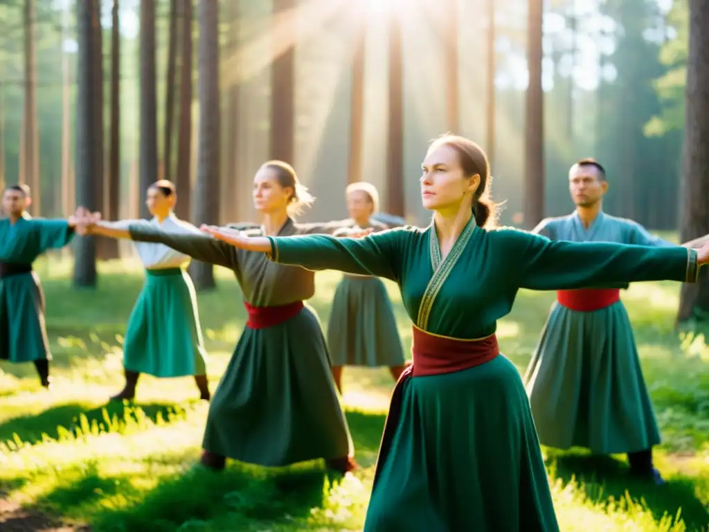 Practicantes de Systema realizan entrenamiento en el bosque, mostrando la conexión a la naturaleza y los beneficios del Systema en artes marciales