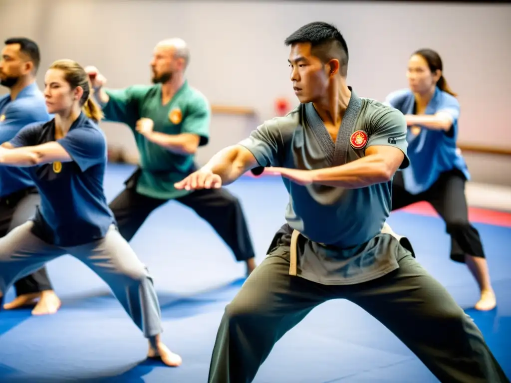 Practicantes de Systema demostrando movimientos fluidos y precisos, con concentración intensa