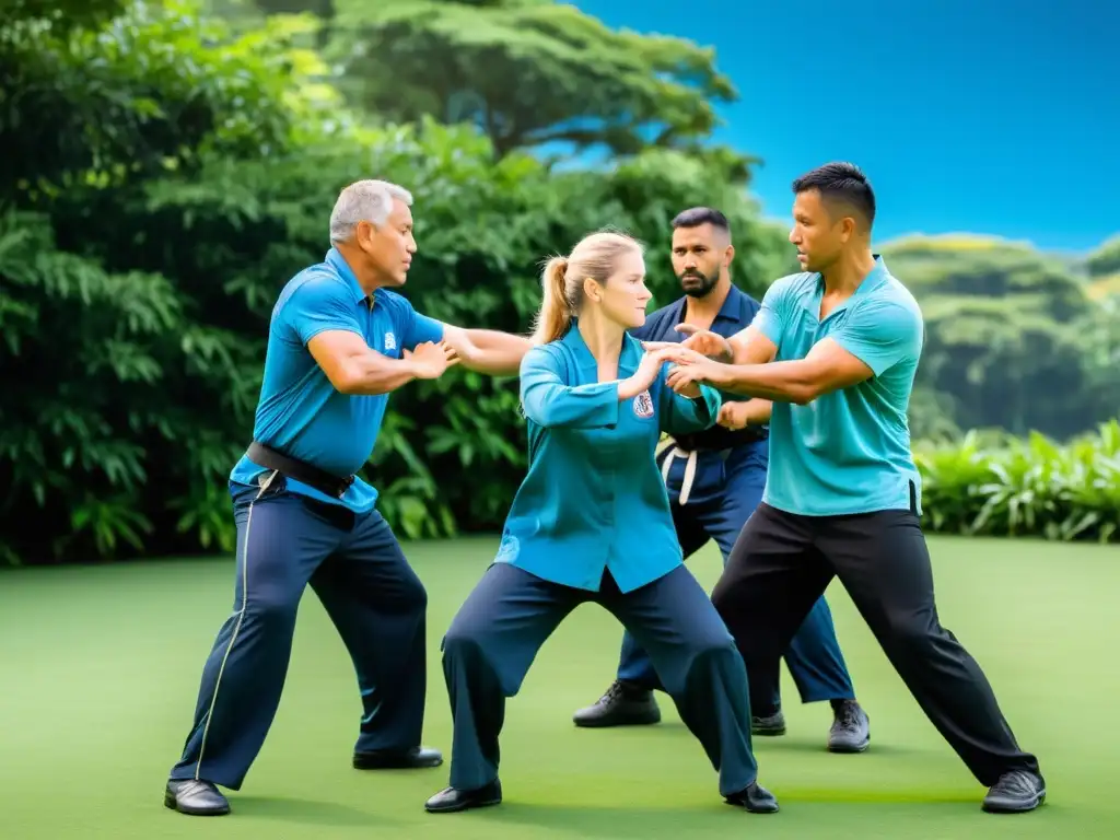 Practicantes de Systema demostrando técnicas de autodefensa en un entorno natural sereno, resaltando los beneficios del Systema en artes marciales