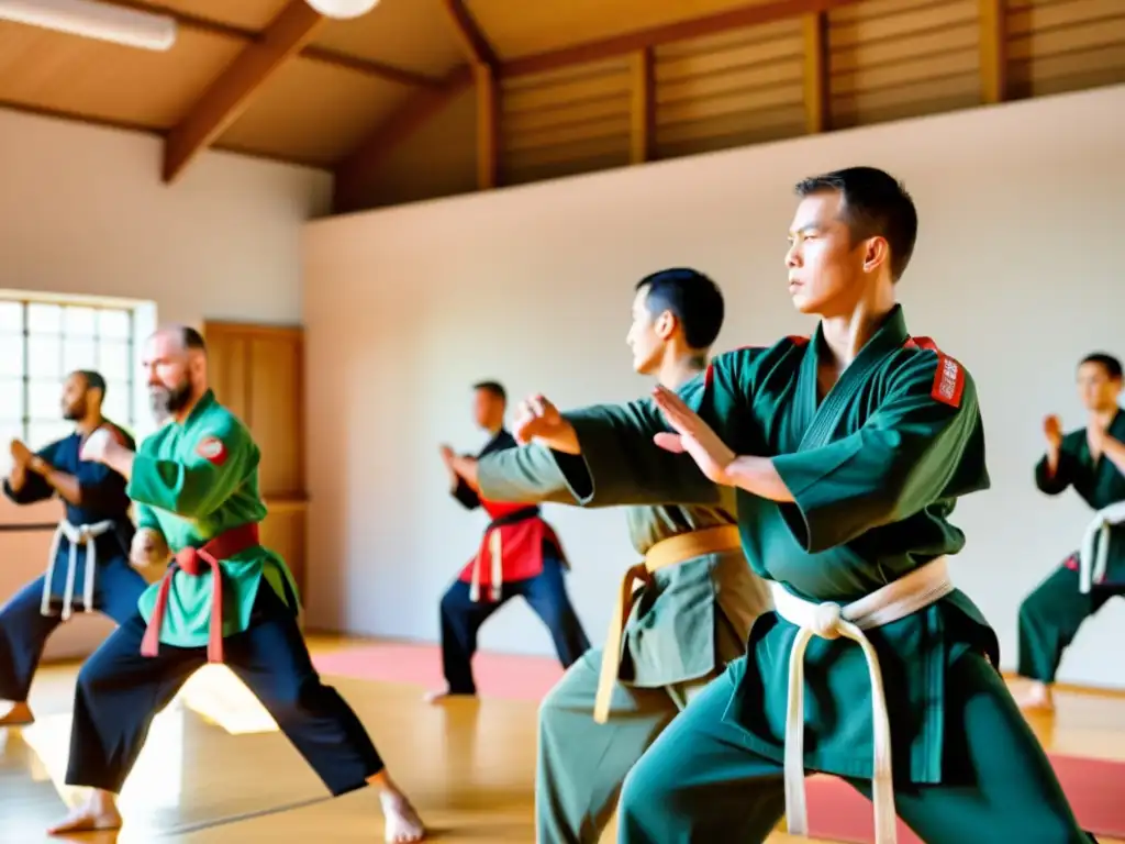 Practicantes de Systema realizan técnicas en un dojo soleado, transmitiendo disciplina y respeto