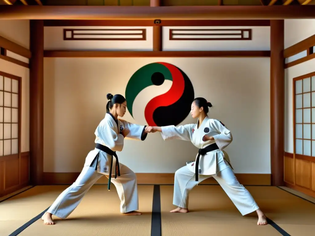 Dos practicantes de taekwondo en poses dinámicas y equilibradas, simbolizando el yin y yang del arte marcial