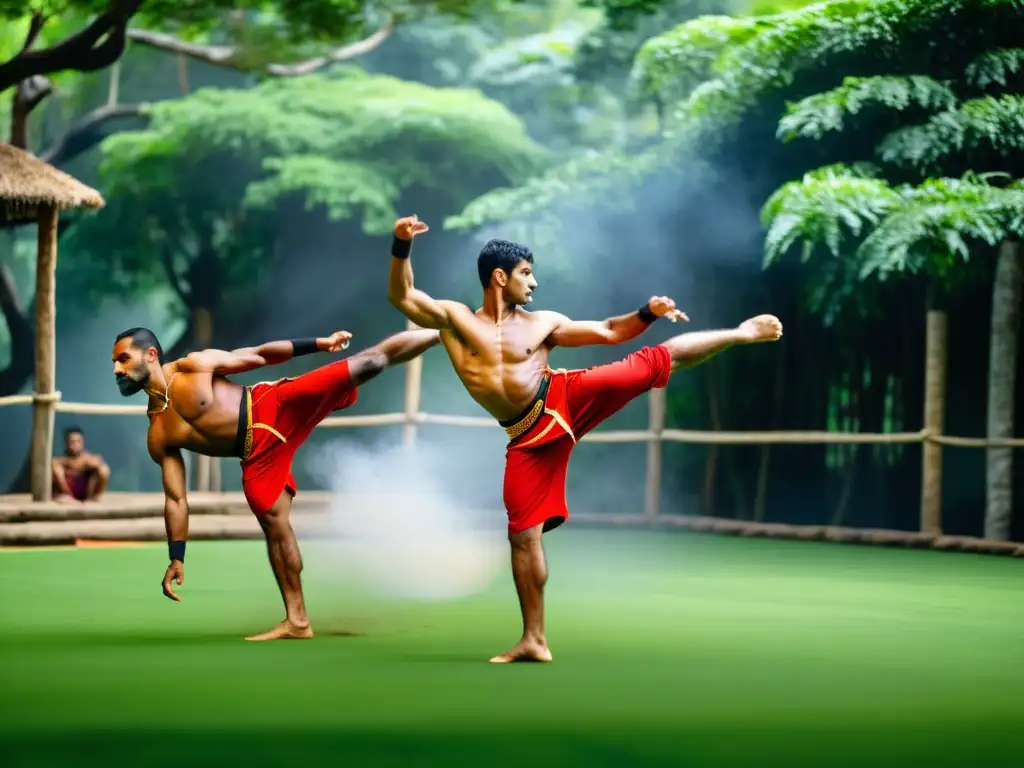 Kalaripayattu: Practicantes ejecutan técnicas ancestrales con destreza en entorno natural exuberante