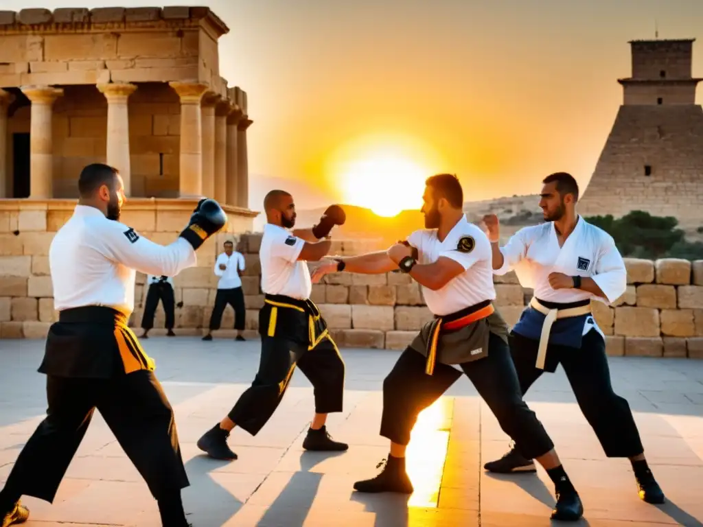 Practicantes de Krav Magá en Israel, ejecutando técnicas de autodefensa frente a monumentos históricos al atardecer