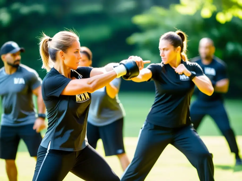 Practicantes de Krav Magá ejecutan técnicas defensivas con precisión y determinación en un claro soleado