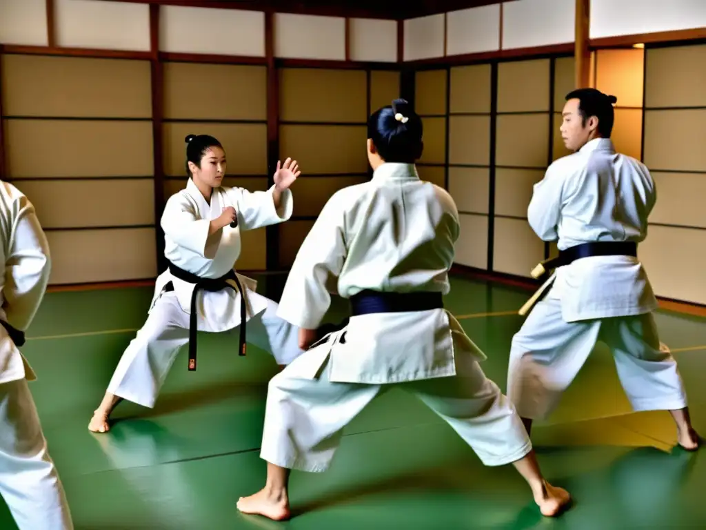 Practicantes de Yoseikan Budo ejecutan técnicas dinámicas en un dojo, reflejando la disciplina y tradición de este arte marcial japonés híbrido