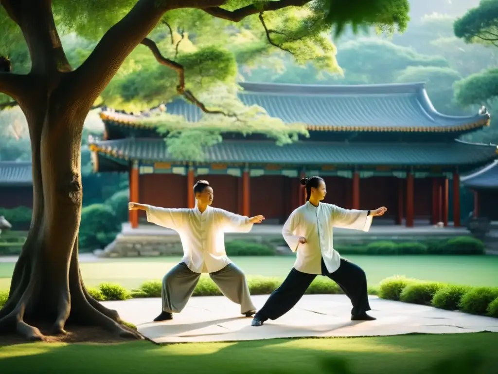 Practicantes de Tai Chi en jardín tranquilo, rodeados de naturaleza y arquitectura china