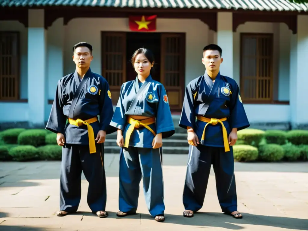 Practicantes de Vovinam en Vietnam, con uniformes impecables y posturas poderosas