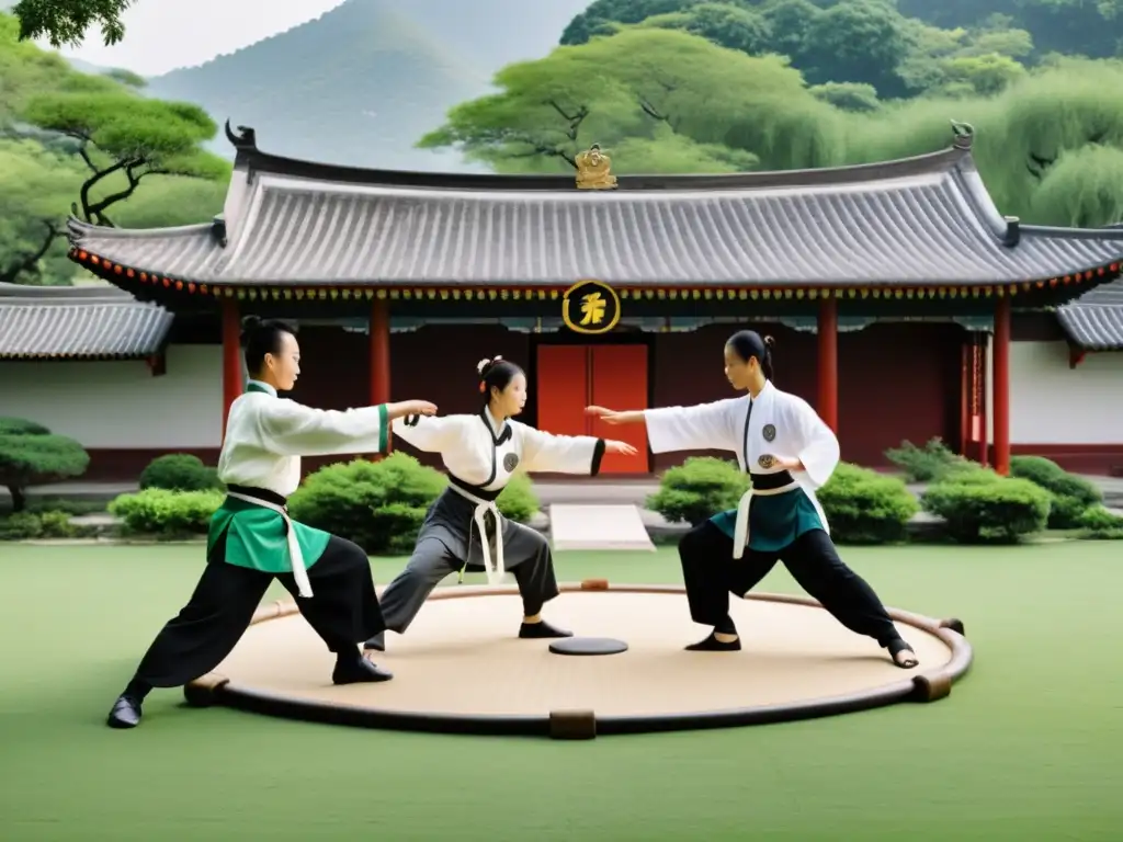 Practicantes de Baguazhang en vestimenta tradicional china realizan técnicas ancestrales de defensa personal en un entorno sereno y natural