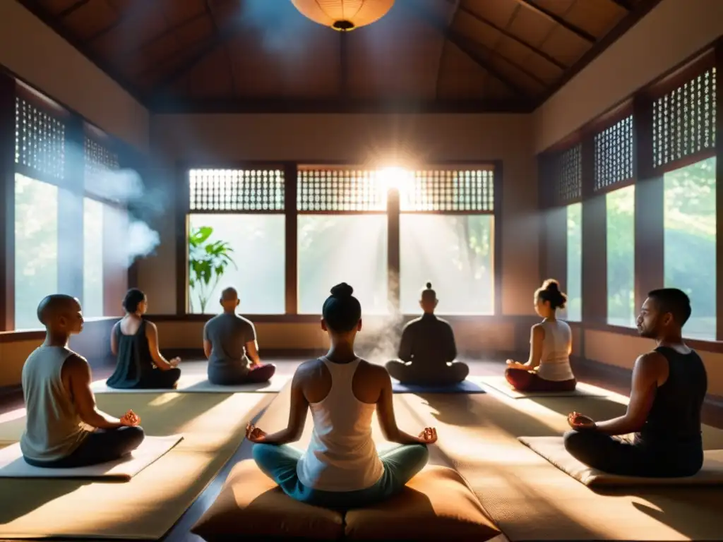 Practicantes en meditación Vipassana para la claridad, en un salón iluminado con luz tenue, envuelto en tranquilidad y concentración