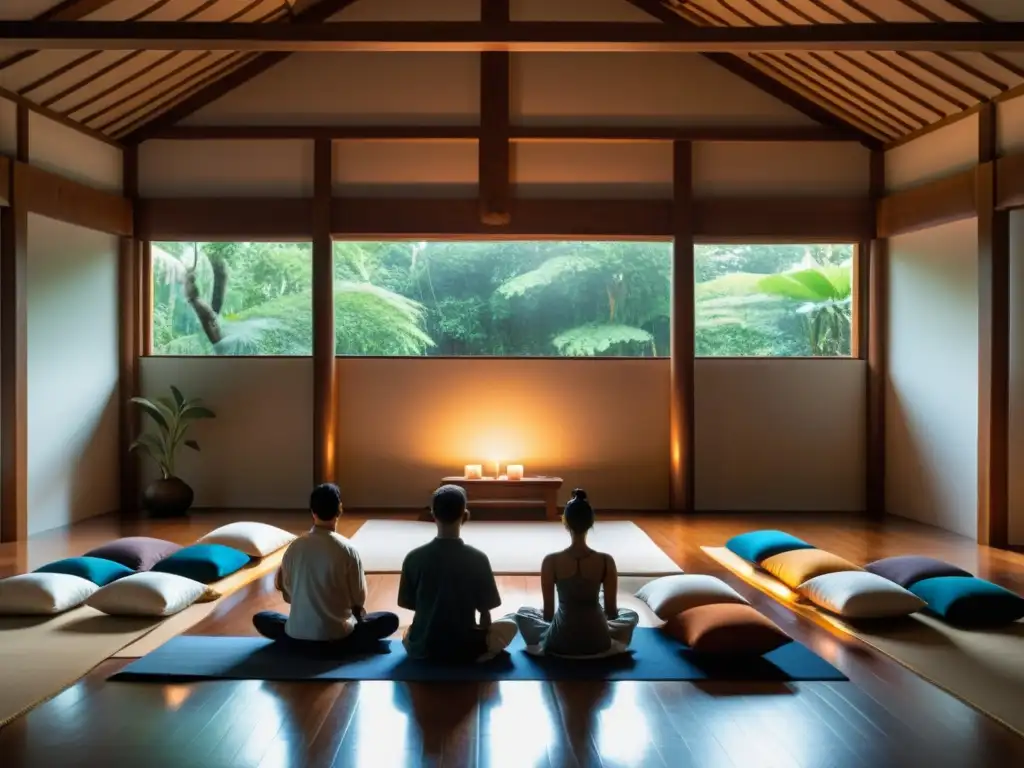 Practicantes en meditación Vipassana en un salón sereno iluminado por luz tenue, evocando paz e introspección