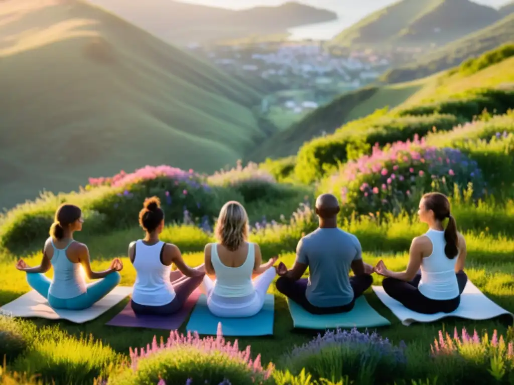 'Practicantes de yoga en círculo en la colina, rodeados de flores silvestres, bañados por la cálida luz del atardecer