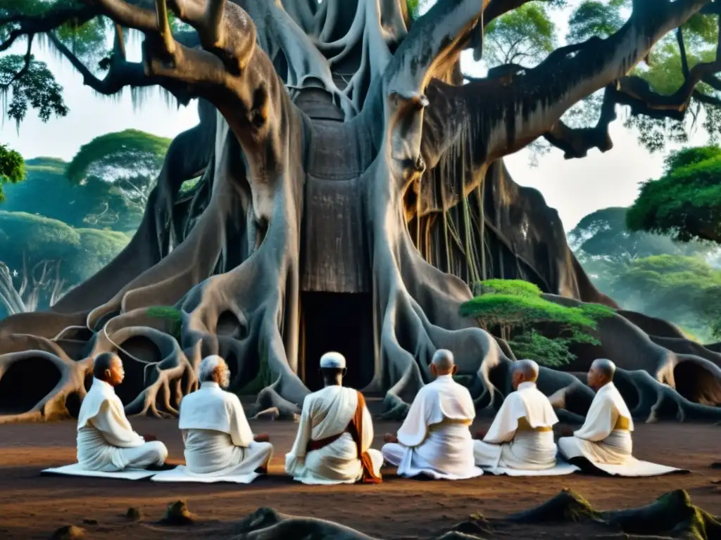 Prácticas ascéticas en el Jainismo: Ascetas meditando bajo un antiguo árbol banyan al atardecer, en profunda comunión con la naturaleza