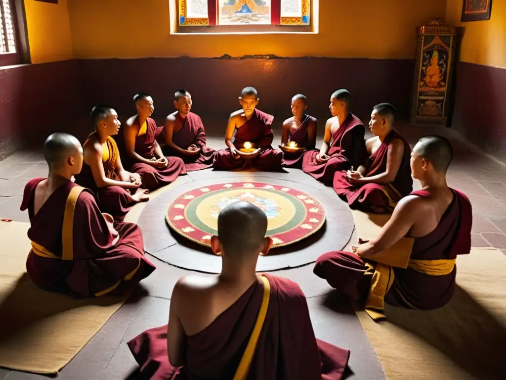 Prácticas budistas en el Tíbet: Monjes tibetanos en ritual, rodeados de lámparas y pinturas sagradas en monasterio iluminado por tenue luz