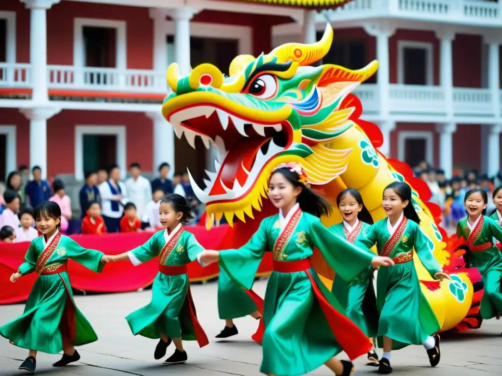 Prácticas extracurriculares sistema educativo Vietnam: Escolares vietnamitas danzando con trajes tradicionales en animada celebración cultural