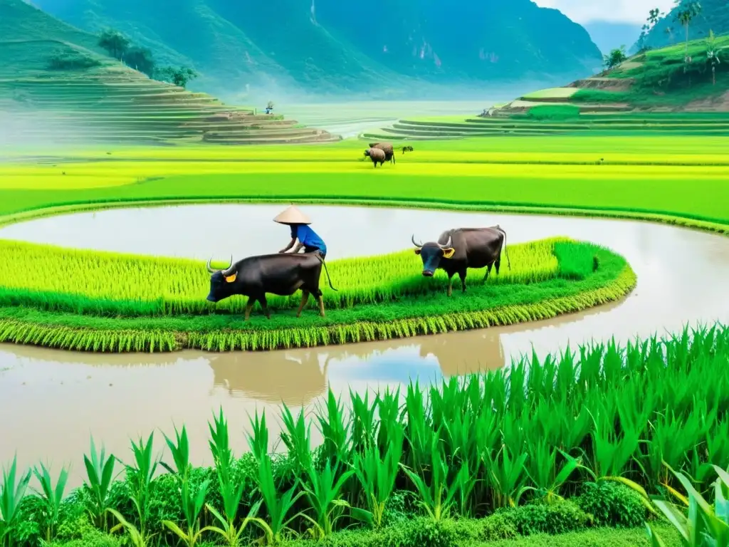 Prácticas de gestión de suelos en Asia: campo de arroz exuberante con terrazas, granjas y un búfalo arando la tierra en Vietnam rural