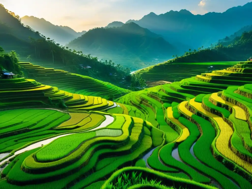 Prácticas de gestión de suelos en Asia: Terrazas de arroz doradas en la montaña, reflejando el sol poniente y el trabajo de los agricultores