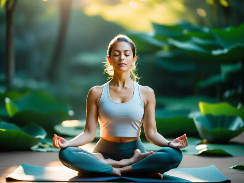 Pranayama en la práctica de yoga: Practicante en loto, ojos cerrados, rodeado de naturaleza serena, bajo luz matutina cálida