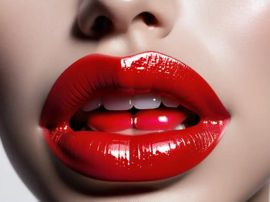 Aplicación precisa de tinta labial coreana de larga duración, resaltando la naturalidad y el efecto gradiente en los labios del modelo