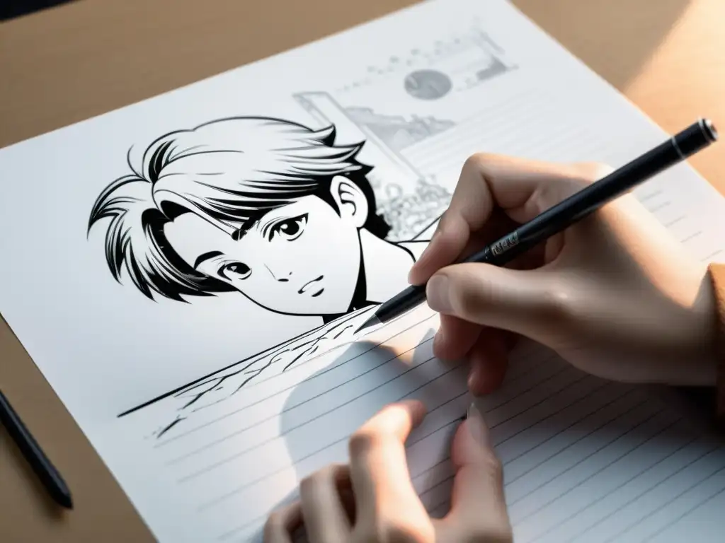Con precisión, el artista de manga dibuja escena en papel en blanco