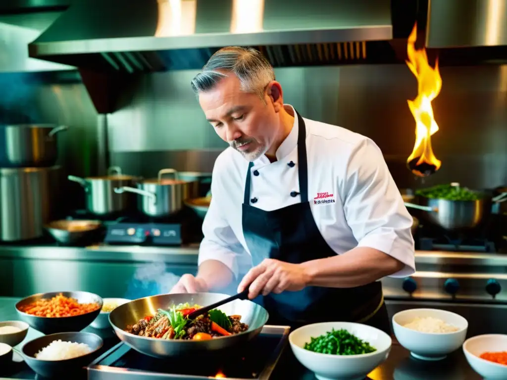 David Thompson prepara con precisión una exquisita receta asiática en una bulliciosa cocina, destacando la filosofía culinaria asiática