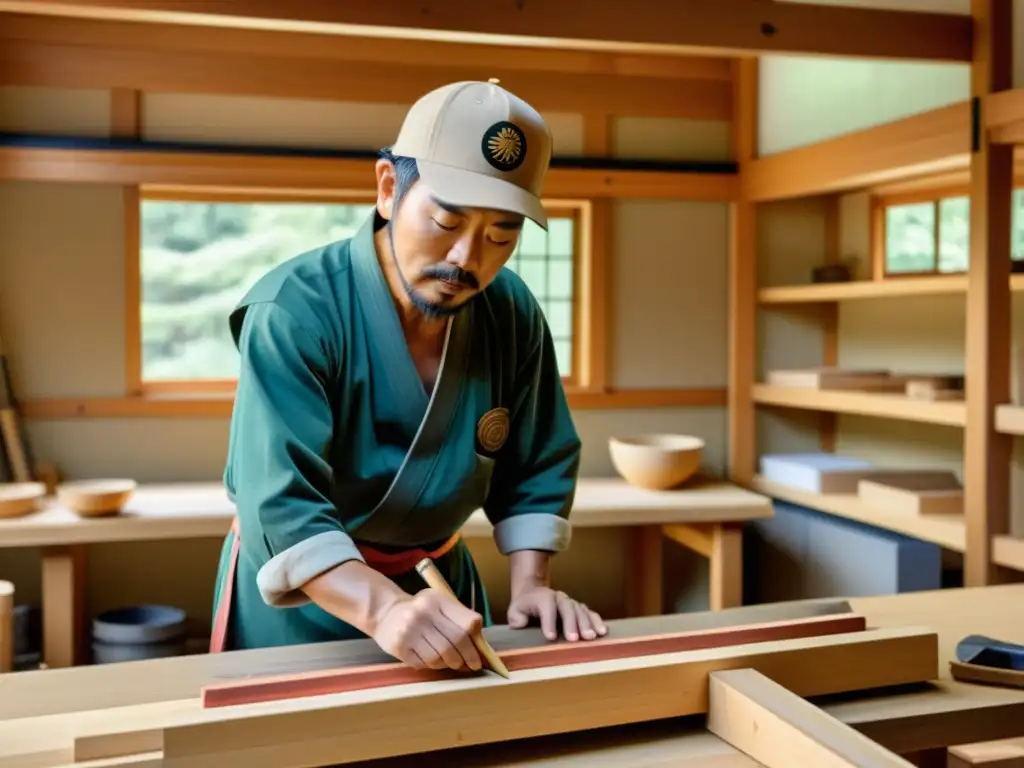 Un carpintero japonés crea con precisión una unión de madera en un entorno tradicional