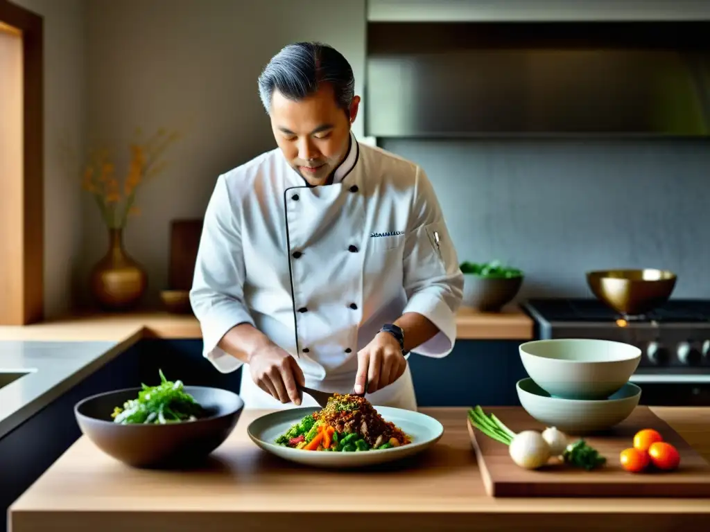 David Thompson prepara con precisión una receta asiática en una cocina serena y minimalista, capturando la esencia de la filosofía culinaria asiática