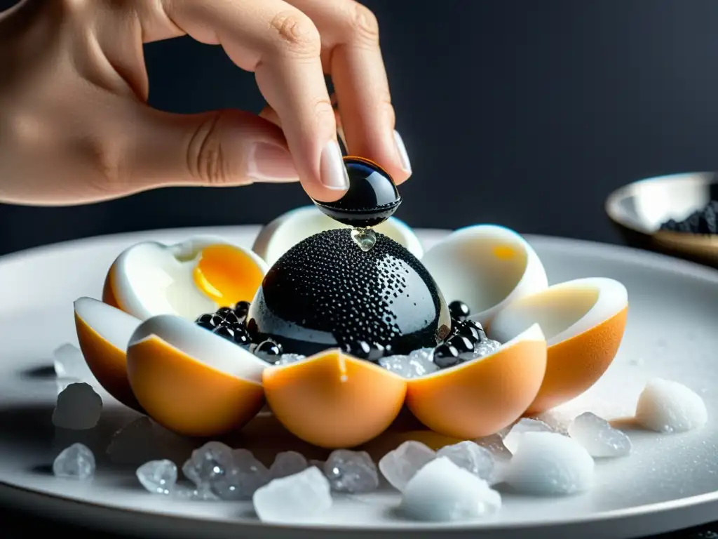 Preparación de caviar oriental asiático: Manos expertas colocan delicadamente caviar negro sobre hielo en una cocina moderna y lujosa