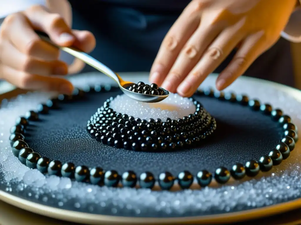 Preparación de caviar oriental asiático: Un chef japonés coloca delicadamente perlas de caviar negro sobre hielo, creando una obra de arte culinaria