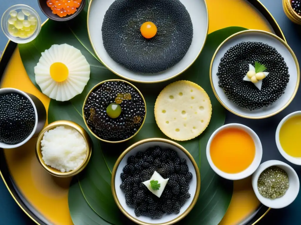 Preparación de caviar oriental asiático: Exquisita variedad de caviar y acompañamientos sobre una elegante mesa iluminada