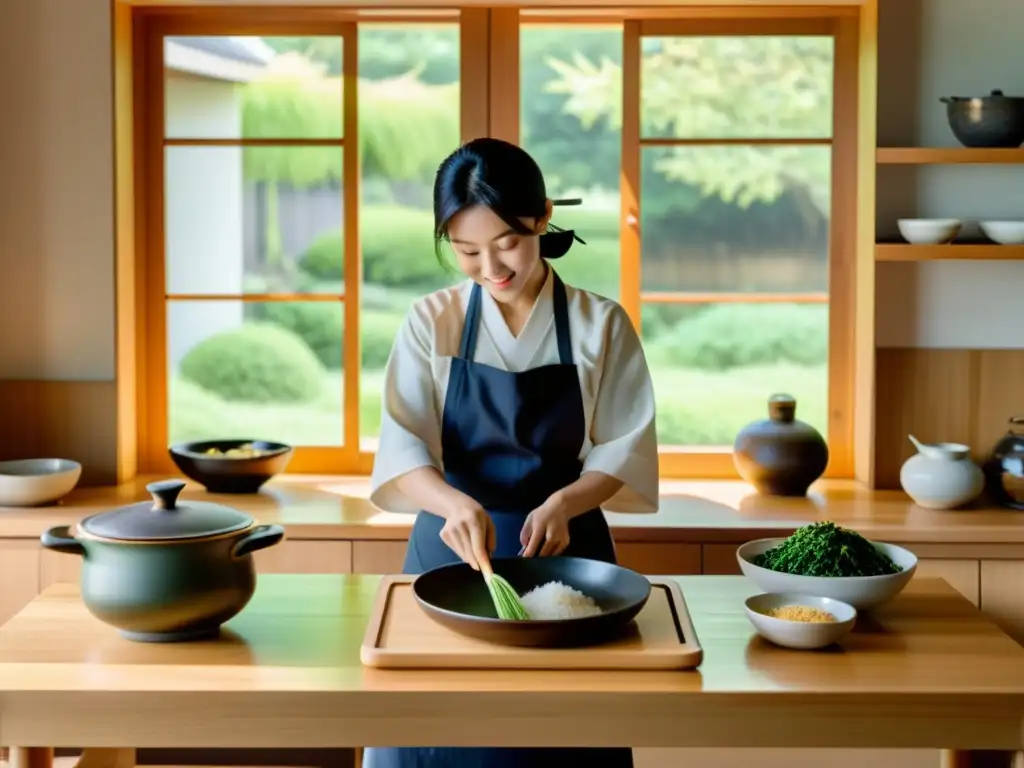 Preparación cuidadosa de ingredientes japoneses en cocina moderna