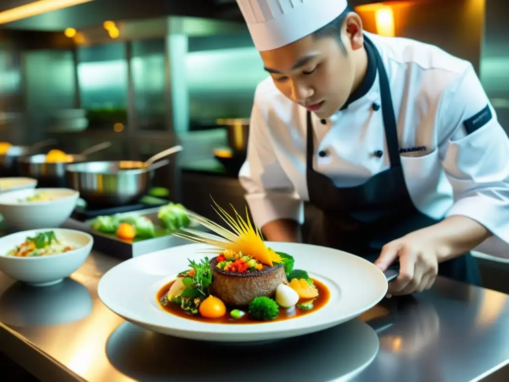 Preparación de una lujosa comida en restaurante Michelín en Asia, destacando la presentación artística y la precisión del chef