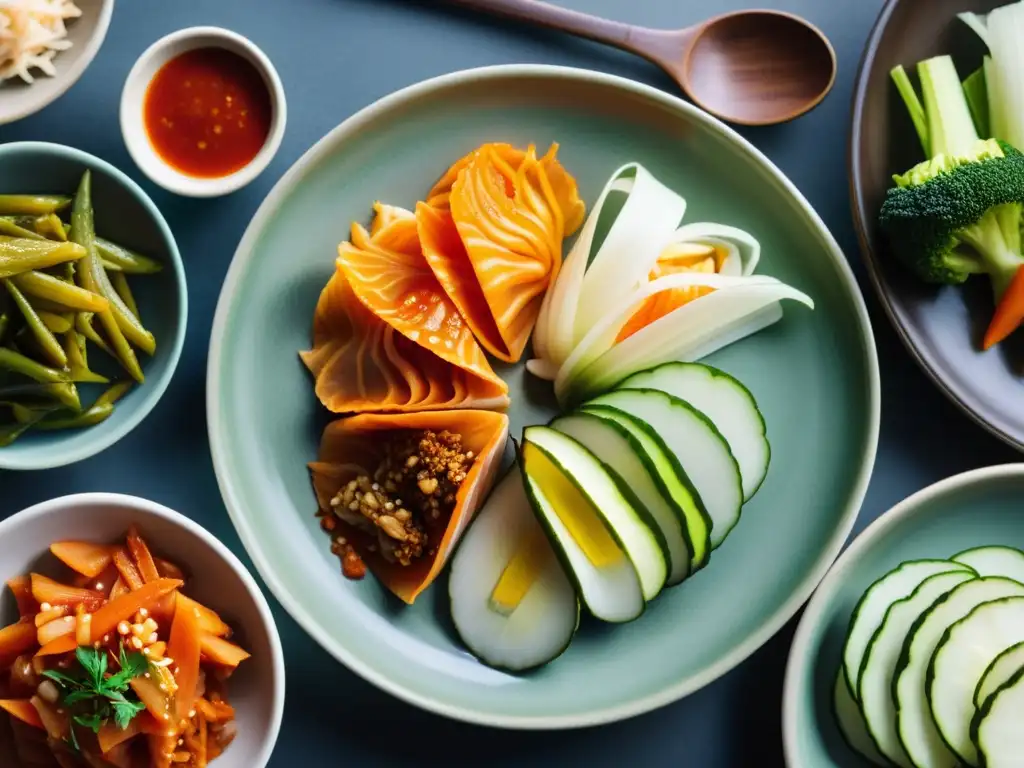 Una presentación vibrante de kimchi en plato tradicional, destacando la diversidad y la mejor versión del Kimchi