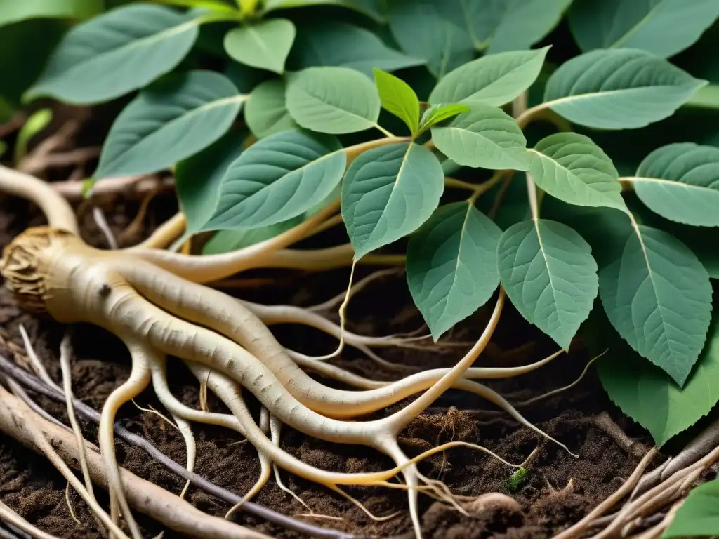 Un primer plano de una raíz de ginseng tradicional coreano, capturando sus detalles intrincados y variaciones sutiles de color