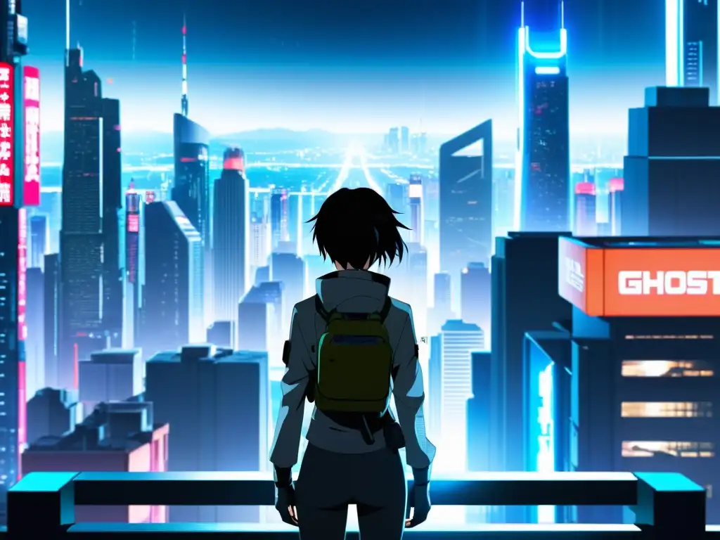 En el primer plano, dos personajes cyberpunk de anime representan la dicotomía entre la estética futurista y la decadencia social