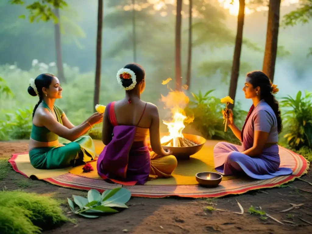 Principios Medicina Ayurvédica longevidad: Sanadores realizan rituales de sanación en un bosque sereno y exuberante